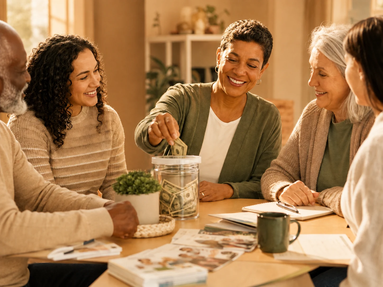 A group of caregivers gathers around a table, one person placing a donation into a giving jar