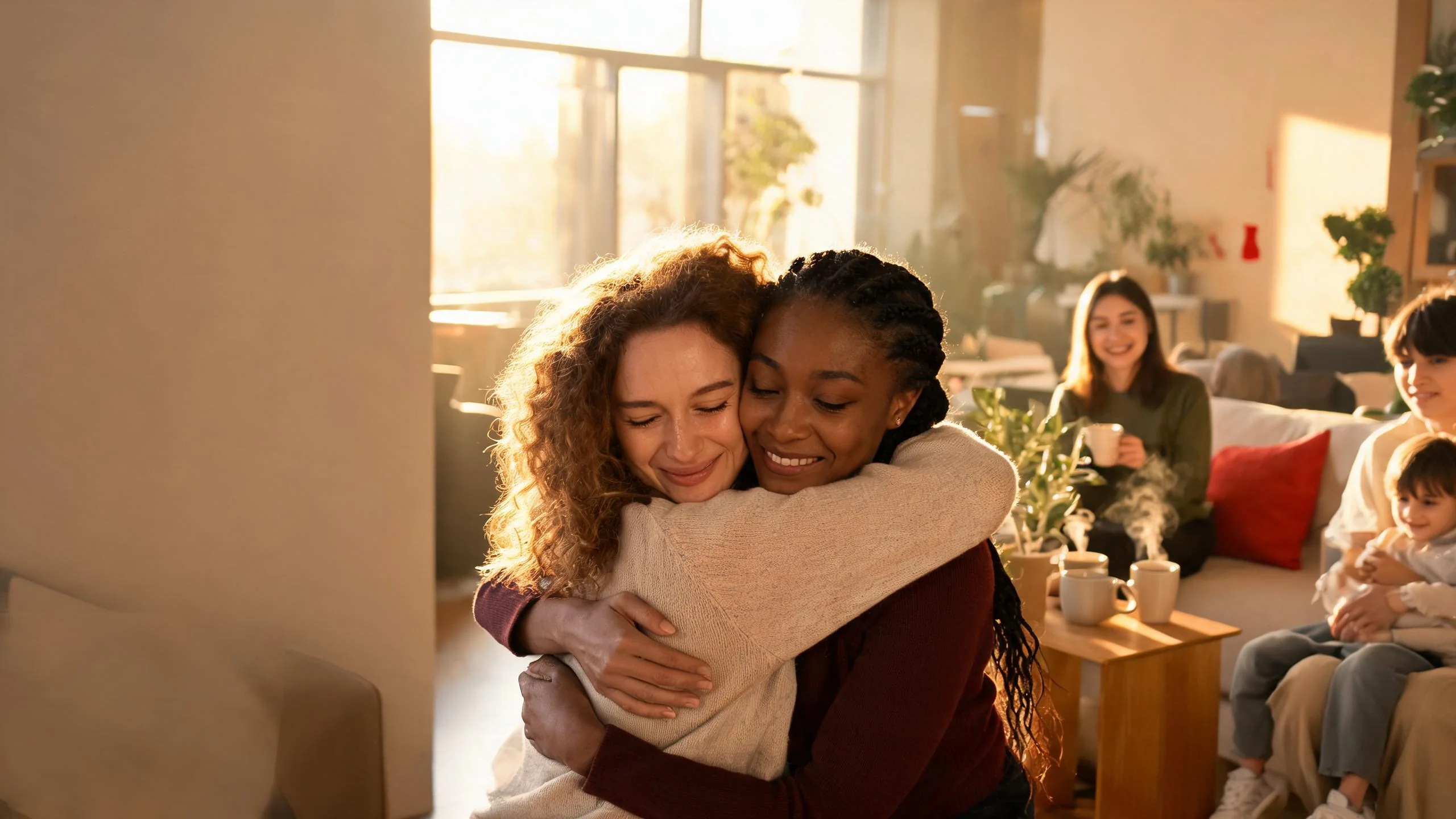 Temporary stock photo of people sharing a warm embrace in a community gathering
